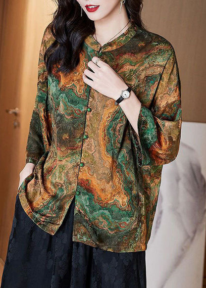 Brown Stand Collar Button Print Patchwork Silk Blouse Top Summer