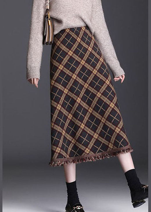 Brown Tasseled Plaid Knit Skirts Winter