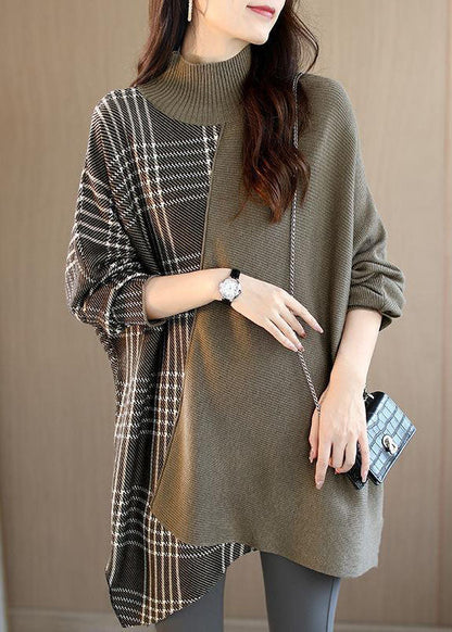 Brown Turtleneck Patchwork Plaid Fall Sweater