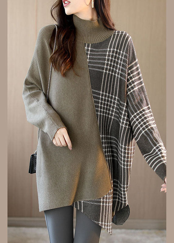 Brown Turtleneck Patchwork Plaid Fall Sweater