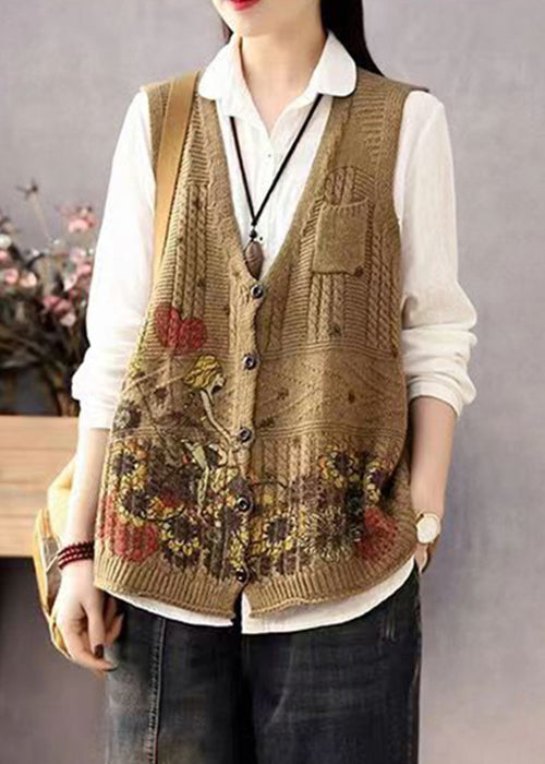 Brown V Neck Print Button Cotton Knit Waistcoat Sleeveless