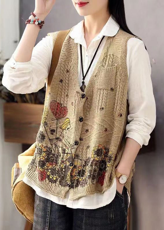 Brown V Neck Print Button Cotton Knit Waistcoat Sleeveless