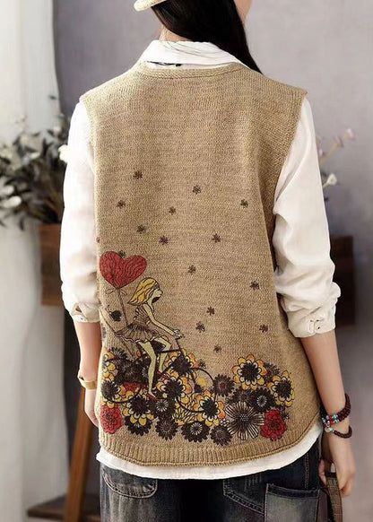 Brown V Neck Print Button Cotton Knit Waistcoat Sleeveless