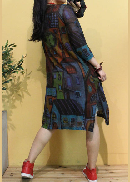 Brown V Neck Print Button Fall Knit Cardigans Long Sleeve