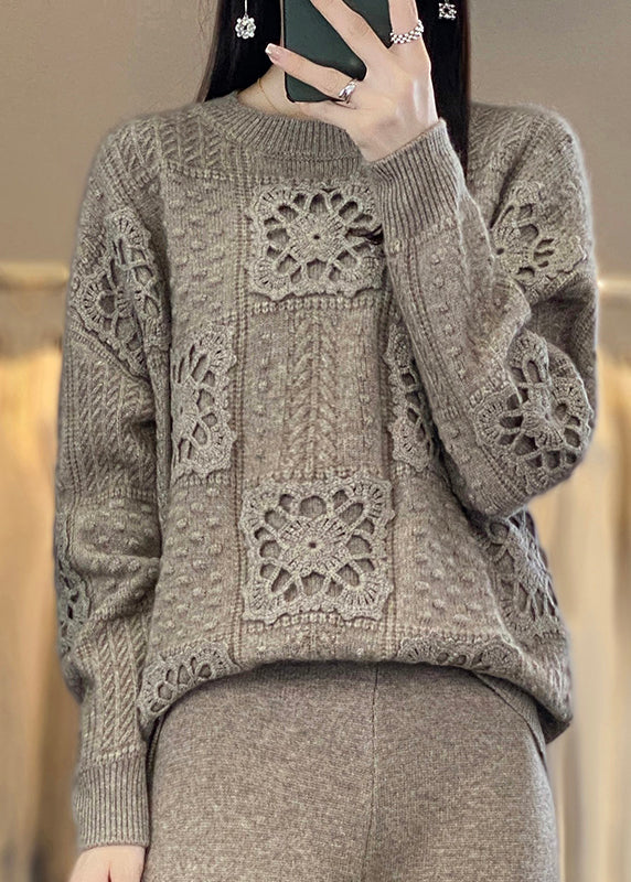 Camel O Neck Hollow Out Patchwork Wool Top Long Sleeve