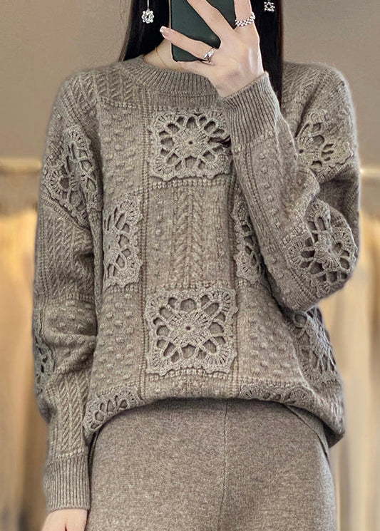 Camel O Neck Hollow Out Patchwork Wool Top Long Sleeve
