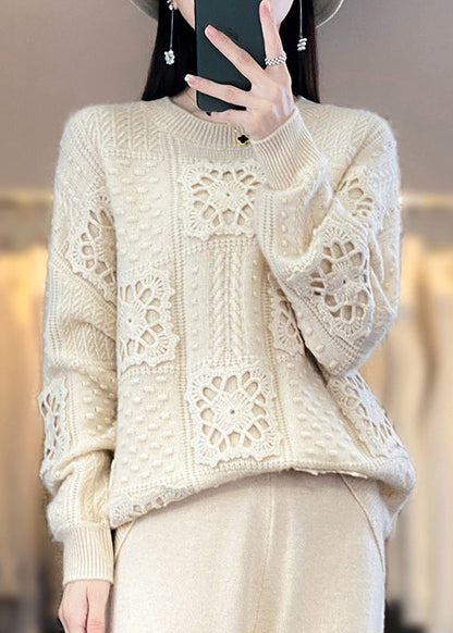 Camel O Neck Hollow Out Patchwork Wool Top Long Sleeve