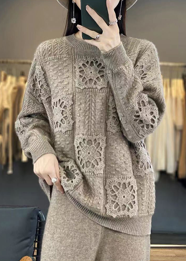 Camel O Neck Hollow Out Patchwork Wool Top Long Sleeve