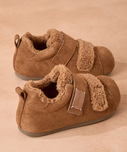 Camel Platform Suede Warm Flat Feet Shoes Buckle Strap