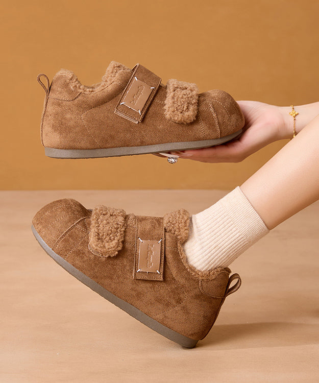 Camel Platform Suede Warm Flat Feet Shoes Buckle Strap