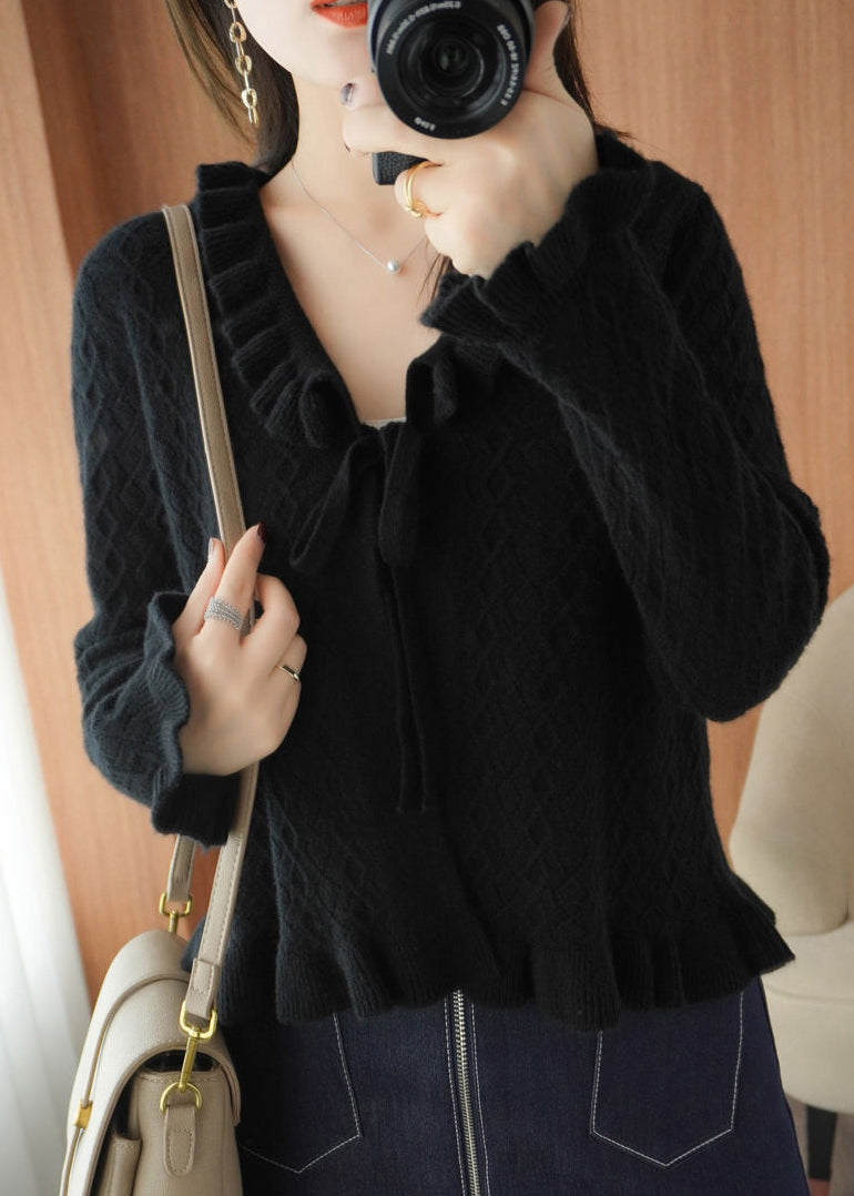 Camel Ruffled Lace Up Knitting Cardigans Long Sleeve