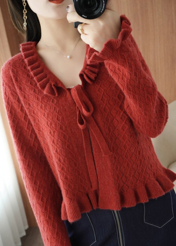 Camel Ruffled Lace Up Knitting Cardigans Long Sleeve