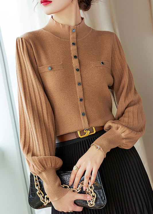 Camel Turtleneck Patchwork Cotton Knit Tops Lantern Sleeve