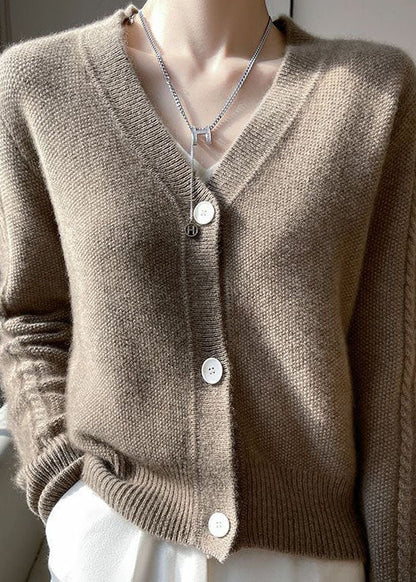Camel V Neck Patchwork Wool Cardigans Coat Spring