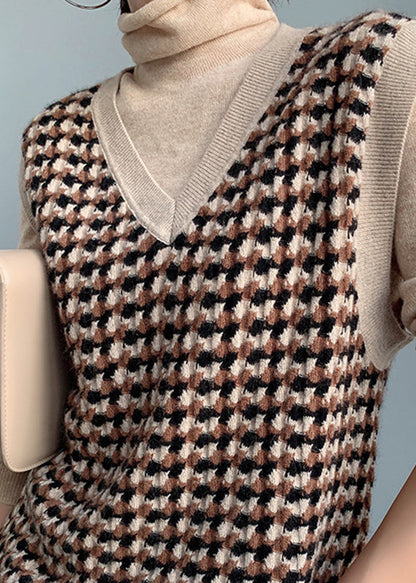 Camel V Neck Plaid Cotton Knit Waistcoat Fall