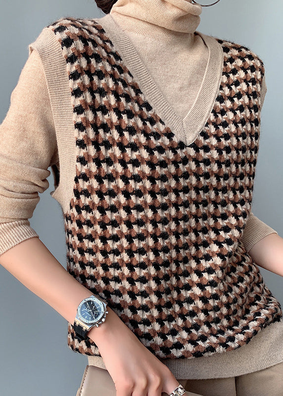 Camel V Neck Plaid Cotton Knit Waistcoat Fall