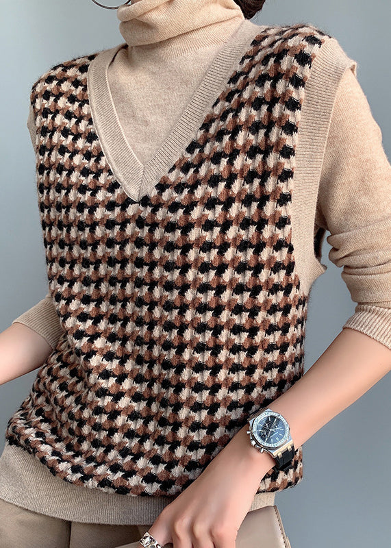 Camel V Neck Plaid Cotton Knit Waistcoat Fall