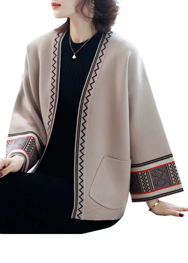 Camel V Neck Print Pockets Patchwork Knit Cardigans Fall