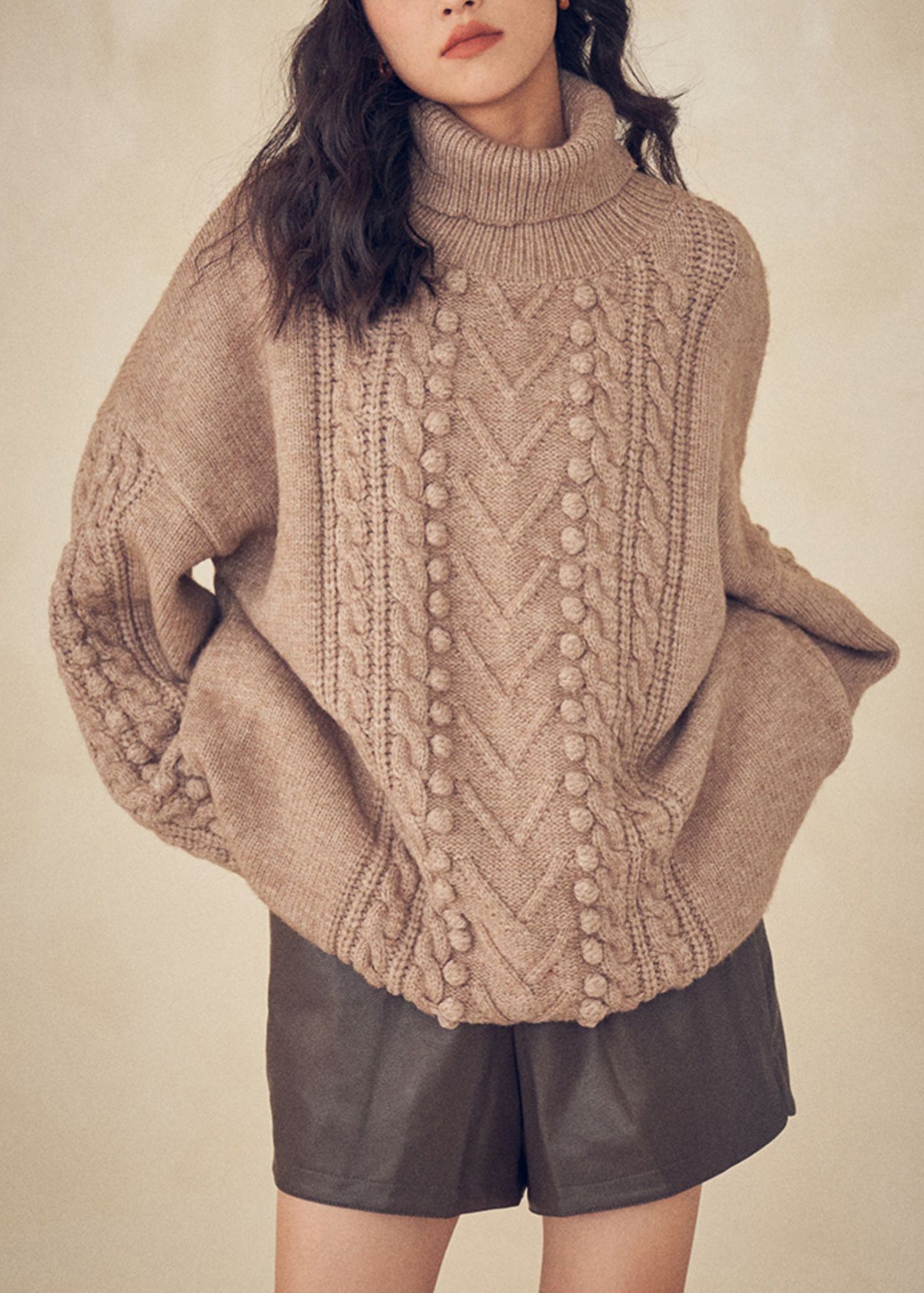 Caramel Turtleneck Cable Knit Sweaters Top Fall