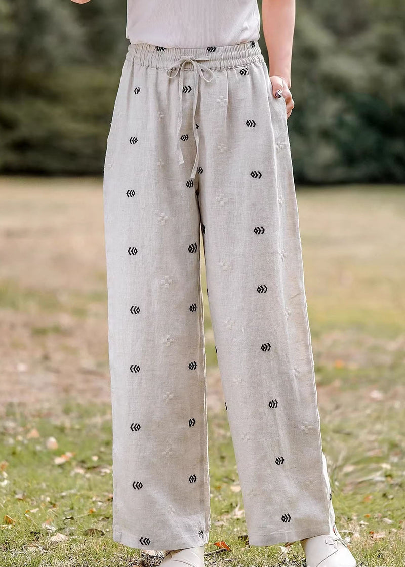 Embroidered Pockets Elastic Waist Linen Pants Summer