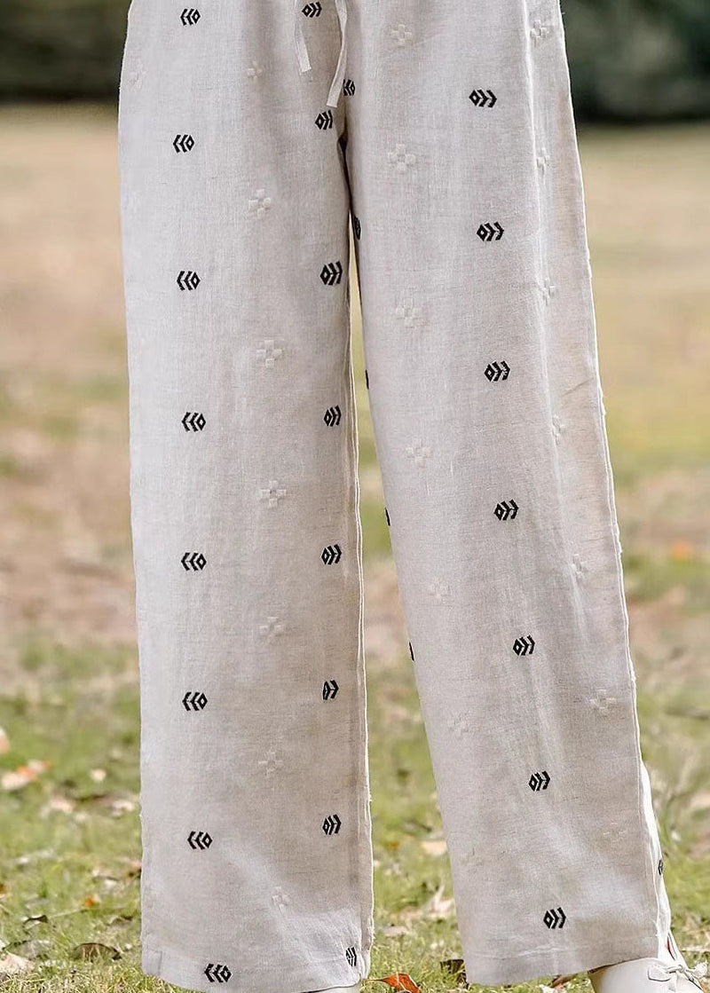 Embroidered Pockets Elastic Waist Linen Pants Summer