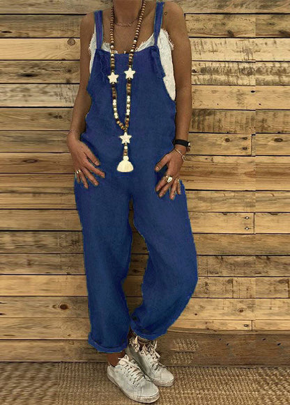 Straps Color Overalls Jumpsuit With Behind Pocket