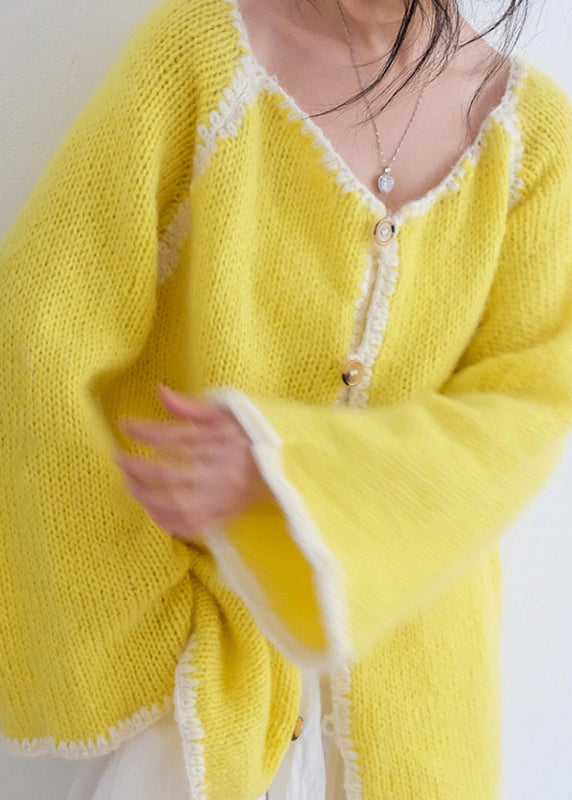 Yellow O Neck Button Knit Cardigans Fall
