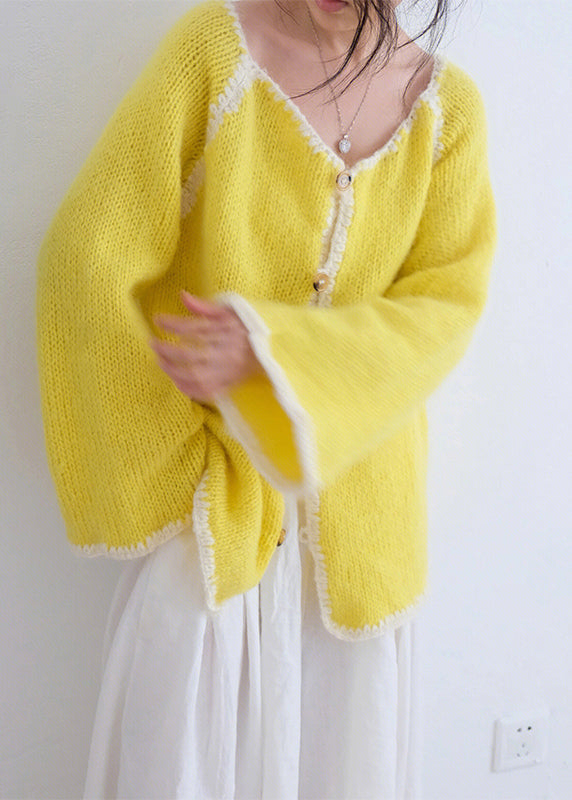 Yellow O Neck Button Knit Cardigans Fall