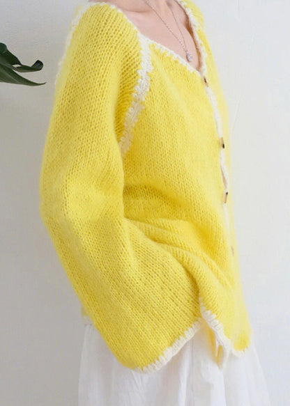 Yellow O Neck Button Knit Cardigans Fall