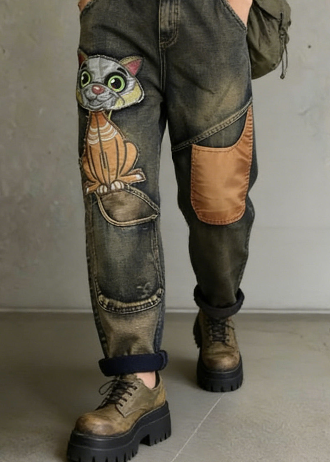 Cat Embroidery Patchwork Mid Waist Loose Denim Harem Jeans