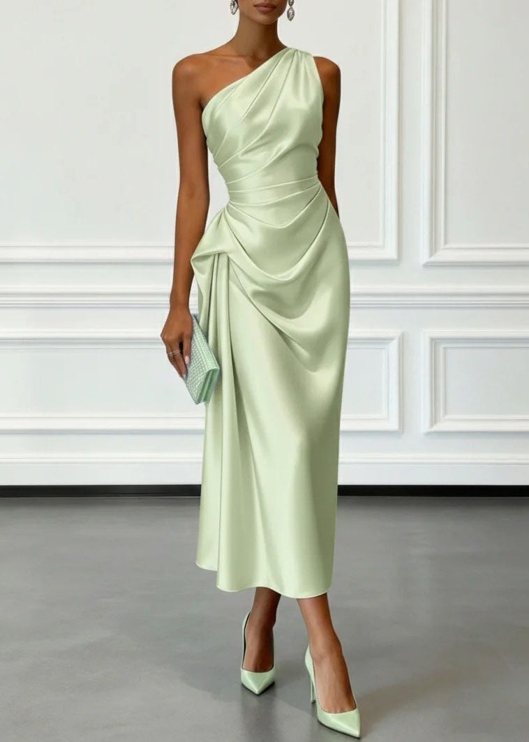 Champagne One Shoulder Wrinkled Silk Dress Summer