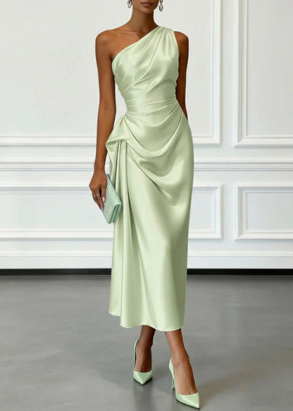 Champagne One Shoulder Wrinkled Silk Dress Summer