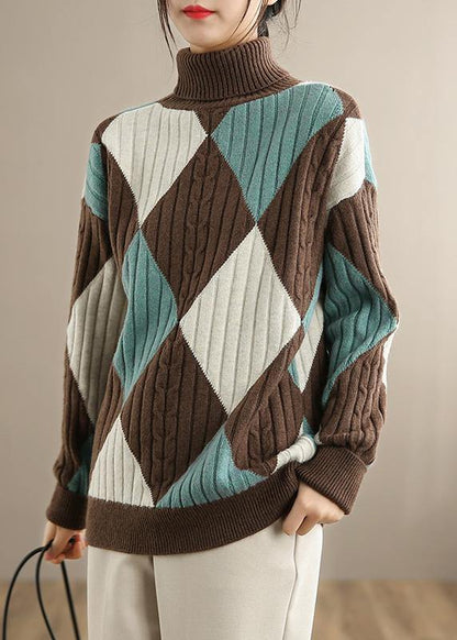 Chocolate Green Plaid Sweaters High Neck Clothes