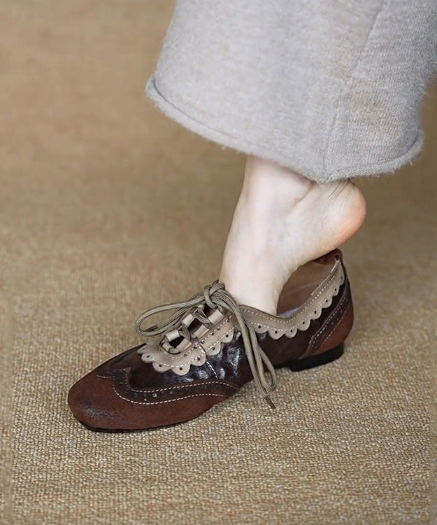 Coffee Cowhide Leather Splicing Suede Flat Shoes Lace Up