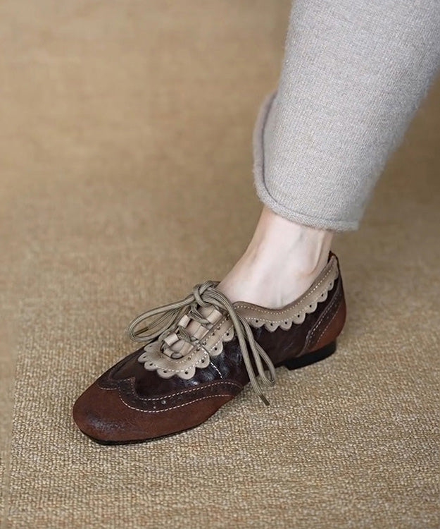 Coffee Cowhide Leather Splicing Suede Flat Shoes Lace Up