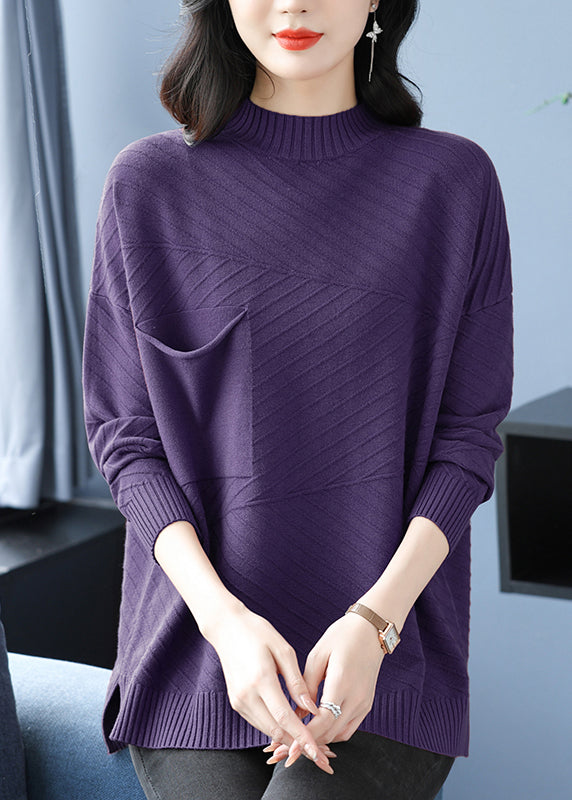 Coffee Half Hign Neck Pockets Patchwork Woolen Knit Top Spring
