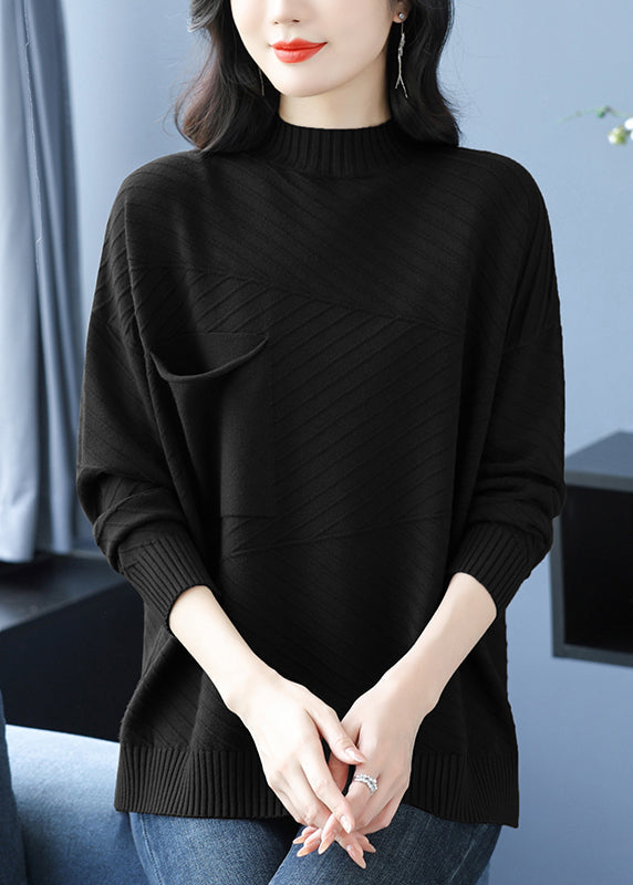 Coffee Half Hign Neck Pockets Patchwork Woolen Knit Top Spring