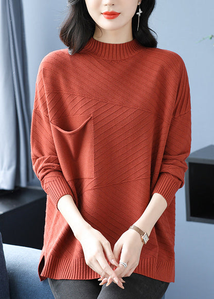 Coffee Half Hign Neck Pockets Patchwork Woolen Knit Top Spring