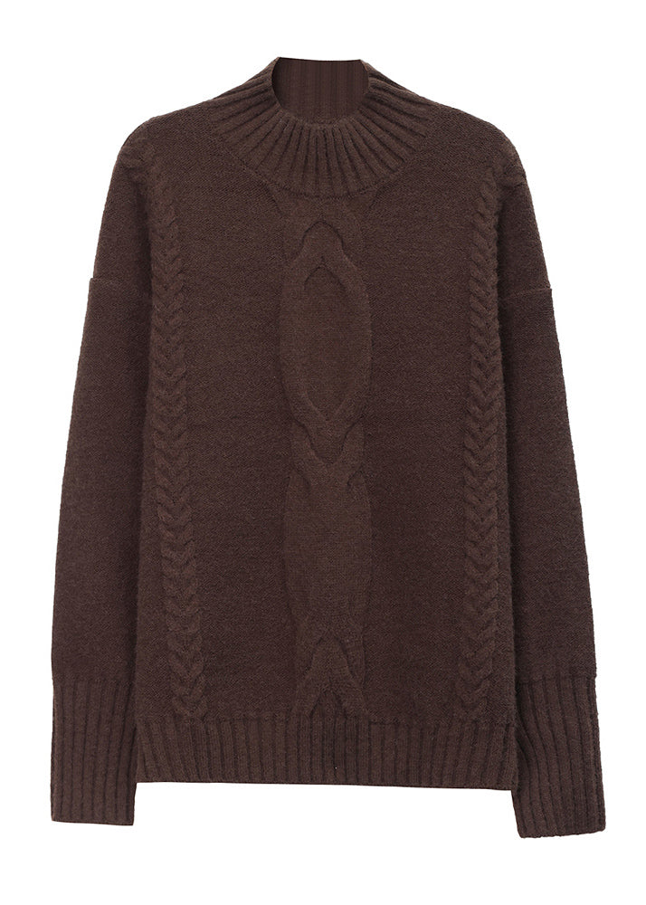 Coffee Half Hign Neck Thick Patchwork Knitted Sweaters Fall