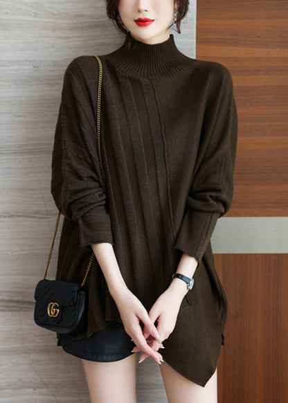 Coffee Half Turtleneck Asymmetrical Knit Sweaters Spring