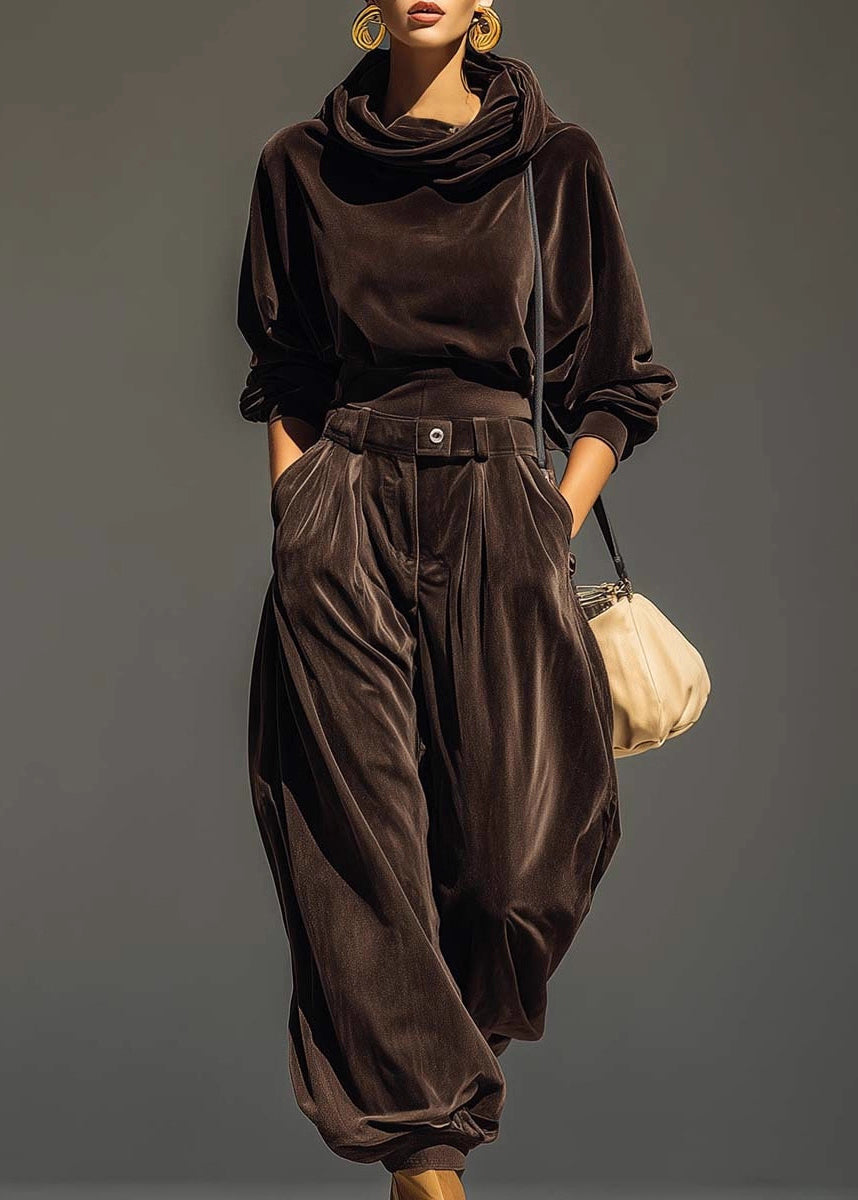 Coffee Hooded Pockets Sweatshirt and Pants Silk Velvet Two Pieces Set Spring