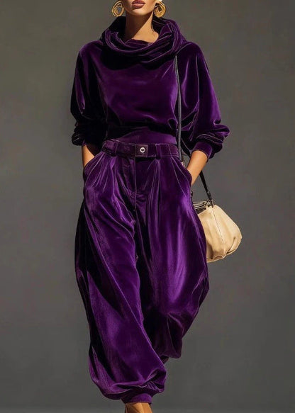 Coffee Hooded Pockets Sweatshirt and Pants Silk Velvet Two Pieces Set Spring
