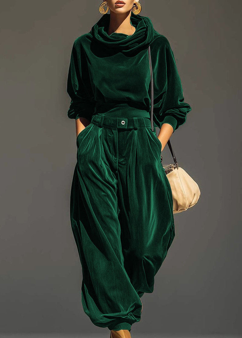 Coffee Hooded Pockets Sweatshirt and Pants Silk Velvet Two Pieces Set Spring