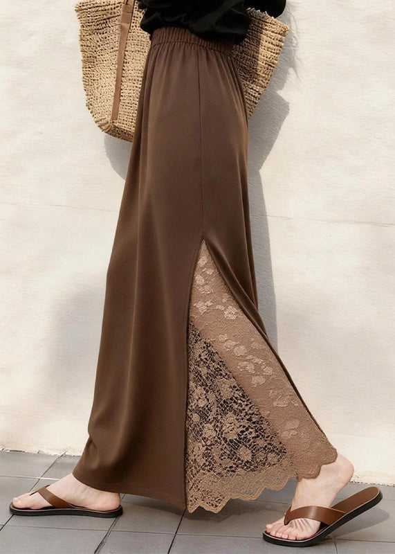 Coffee Lace Patchwork Elastic Waist Cotton Skirts Winter