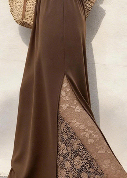 Coffee Lace Patchwork Elastic Waist Cotton Skirts Winter