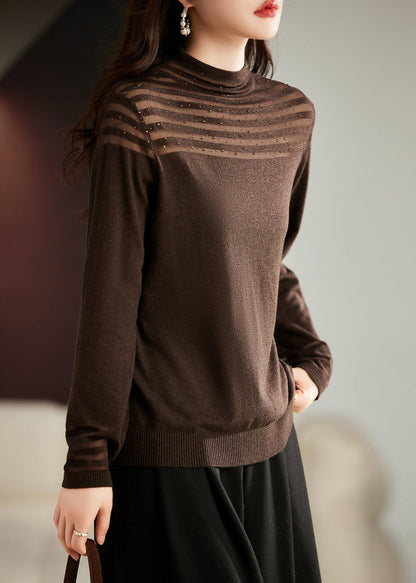 Coffee Nail Bead Tulle Patchwork Knit Top Long Sleeve