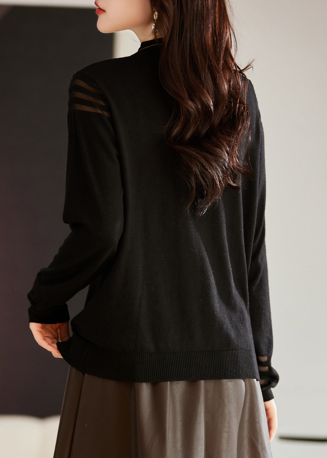 Coffee Nail Bead Tulle Patchwork Knit Top Long Sleeve