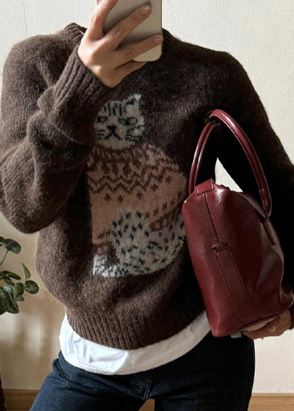 Coffee O Neck Cats Jacquard Knit Sweater Winter