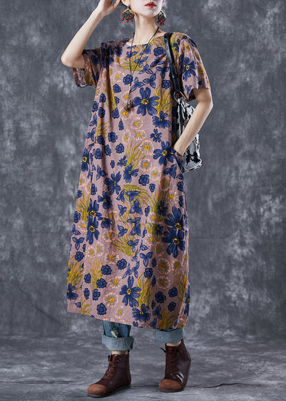 Coffee O-neck Print Linen Long Dress Summer