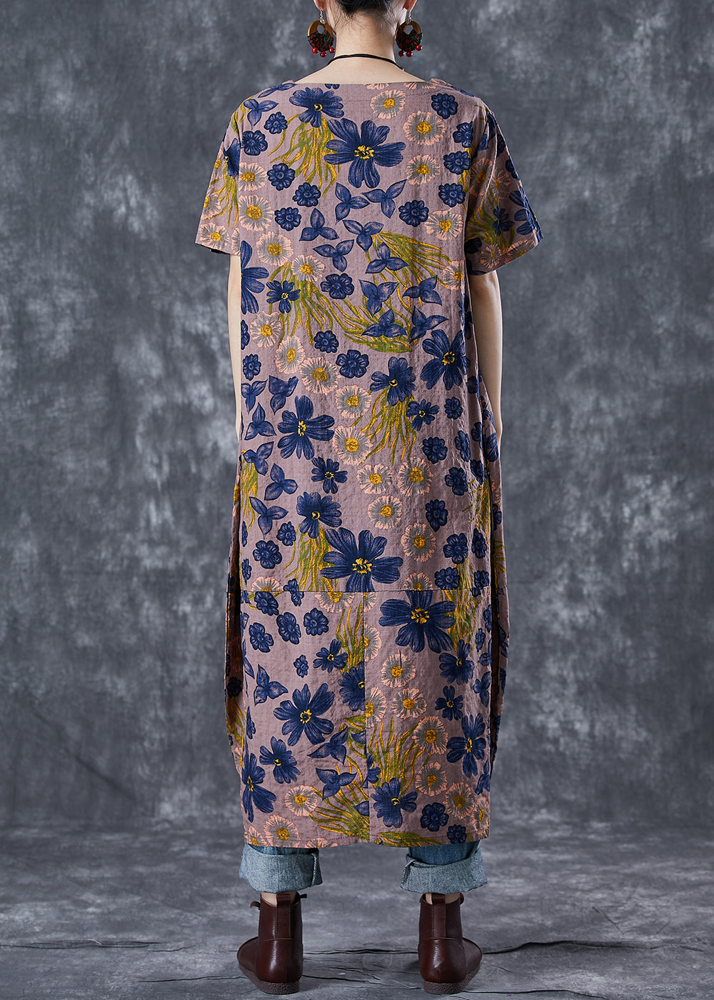 Coffee O-neck Print Linen Long Dress Summer